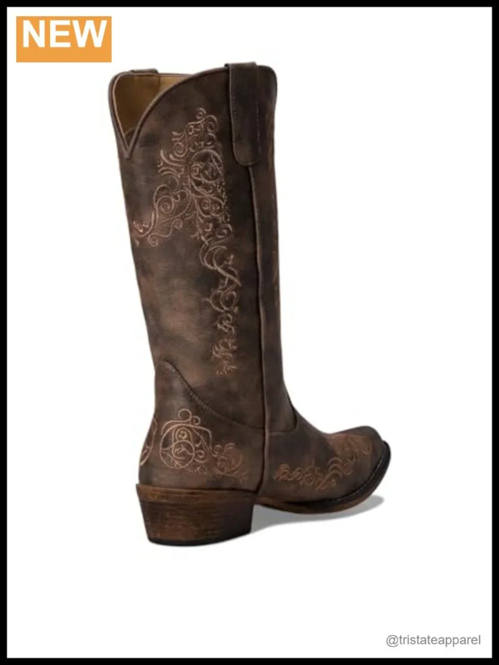 Riley Scroll Embroidered Snip Toe Mid Calf Boots, Faux Leather, Low Heel
